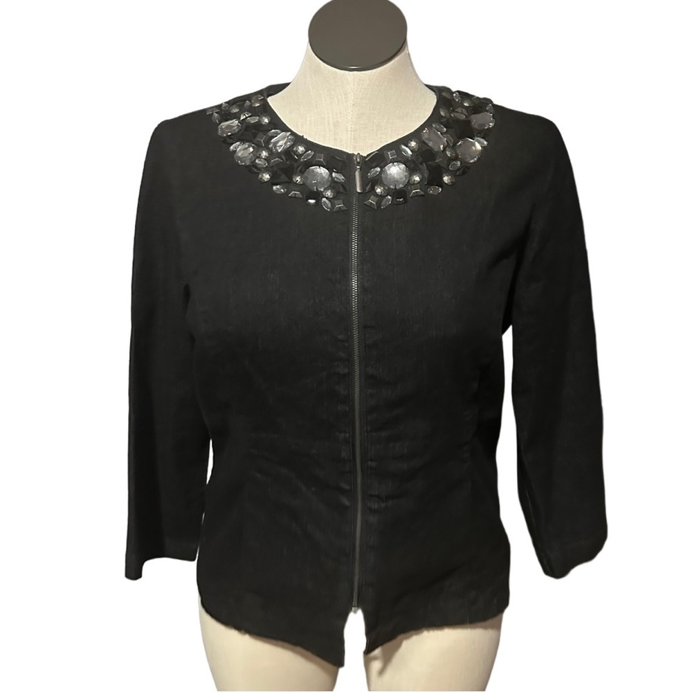 RUBY RD dark jean jacket with rhinestones on collar women’s size large black